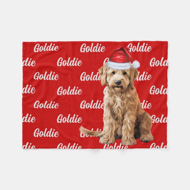 Manta Polar Goldendoodle en rojo con Navidades de nombre perro (Frente (Horizontal))