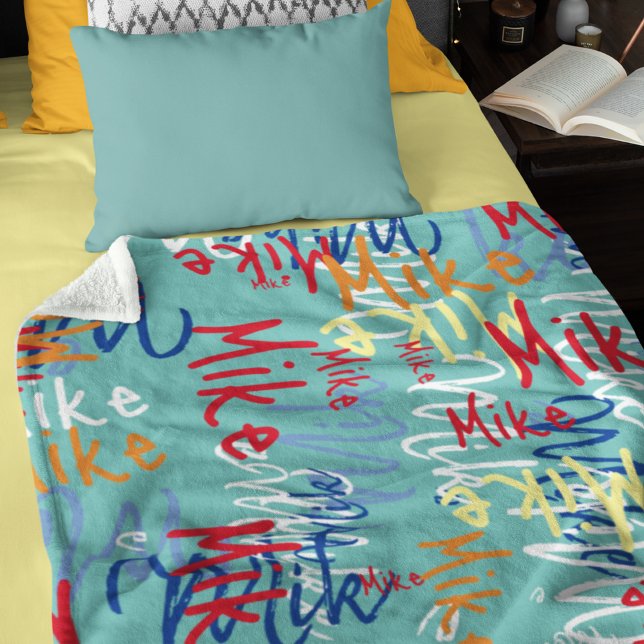 Manta Polar Graffiti tipográfico Nombre allover azul verde azu (Subido por el creador)