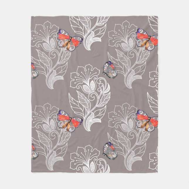 Manta Polar Gráfico de flores y mariposa, acuarela, patrón  (Anverso)