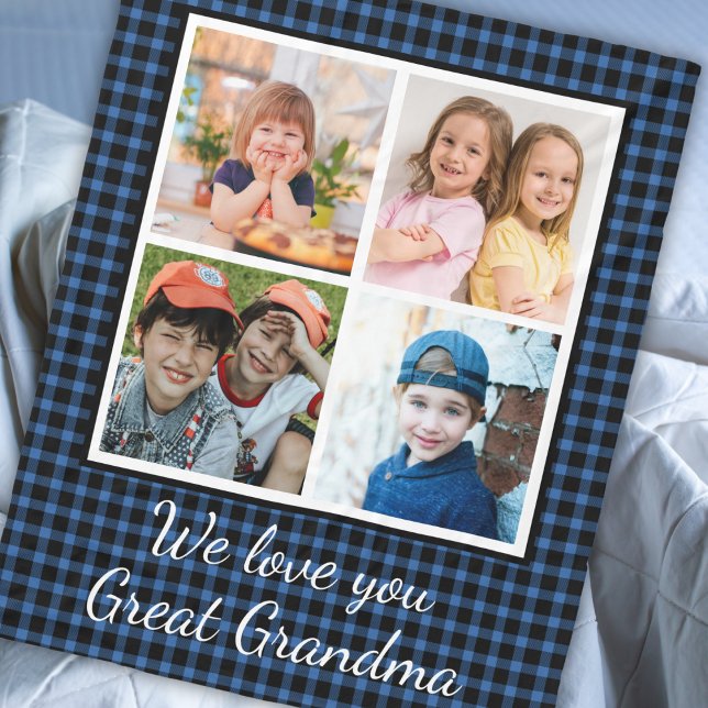 Manta Polar Gran Abuela Azul Búfalo Tapado 4 Collages de fotos (Personalized great grandma blanket with 4 photo template -holiday blue buffalo plaid blanket)