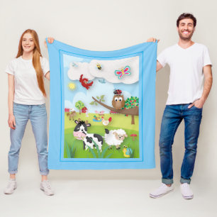 Manta Polar Granja con animales cortos escena en azul