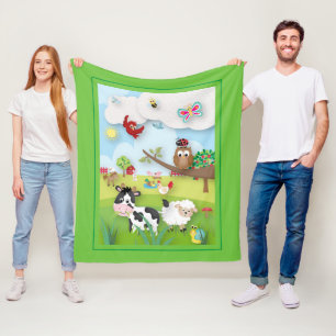 Manta Polar Granja con animales curados escena en verde