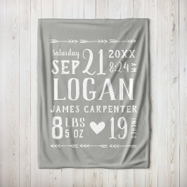 Manta Polar Gray Baby Boy Nacimiento Estadísticas Keepsake