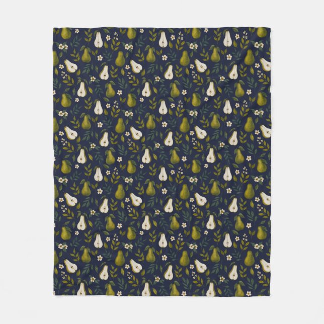Manta Polar Green Pear Watercolor Pattern on Dark Blue  (Anverso)