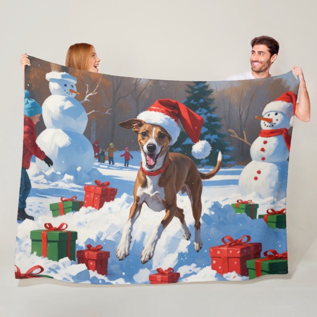 Manta Polar Greyhound corre en Nieve con Gorra de Navidades (In situ)