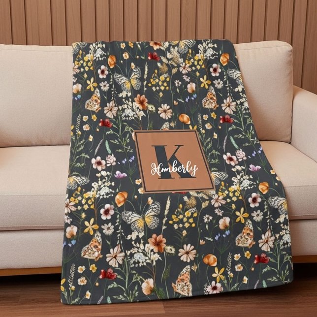 Manta Polar Gris Carbón Boho Floral Monogramado (Subido por el creador)