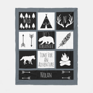 Manta Polar Gris de bosques salvajes tribales blancos y negros