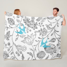 Manta Polar Gris Floral Vintage Azul Acuático Verde Teal Aves