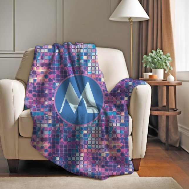 Manta Polar Groovy Blue & Purple Disco Ball Personalizado (groovy blue and purple disco ball personalized monogram fleece blanket)