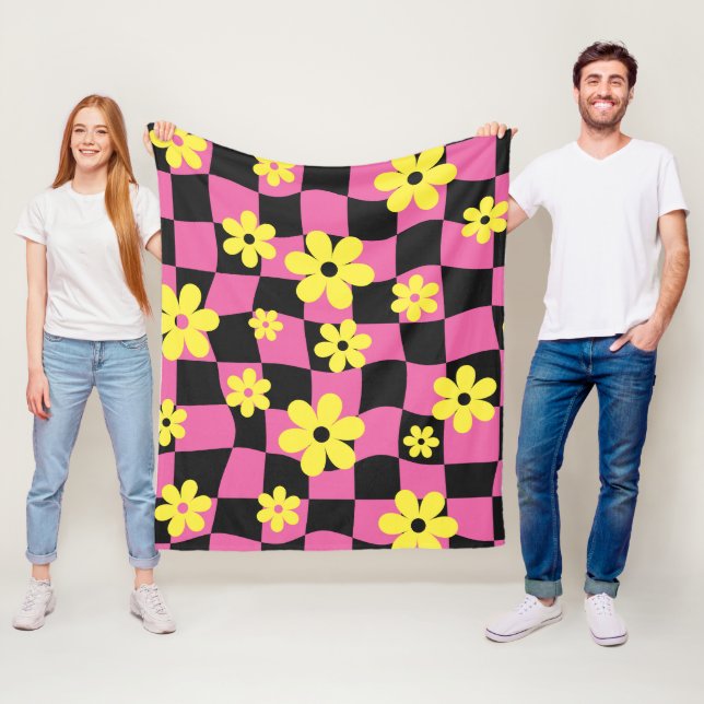 Manta Polar Groovy Daisy Floral Checkerboard, años 90 (In situ)