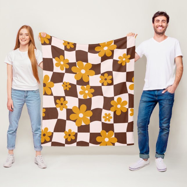 Manta Polar Groovy Daisy Floral Checkerboard, años 90 (In situ)