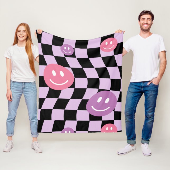 Manta Polar Groovy Retro Smiley Checkerboard, años 90 (In situ)