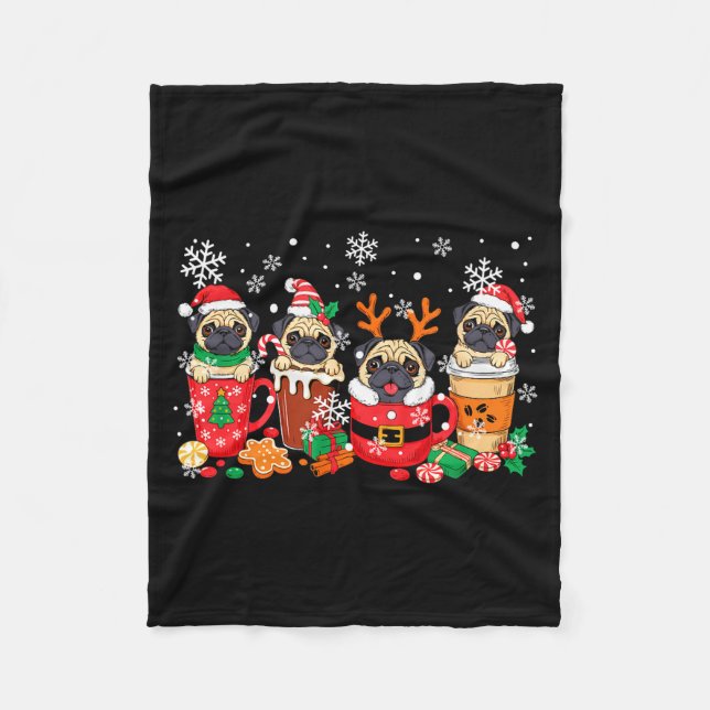 Manta Polar Group Santa Reindeer Pugs In Coffee C Christmas  (Anverso)