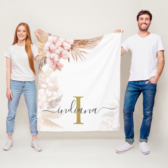 Manta Polar Guión de Monograma Hierba de Pampas Nombre Inicial (In situ)