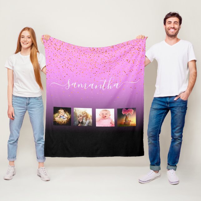 Manta Polar Guión de nombre de collage negro rosa morado (In situ)