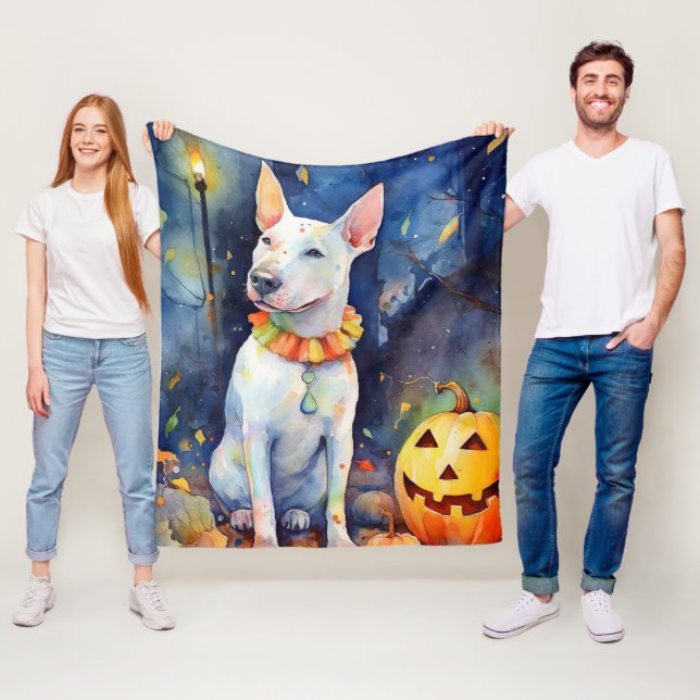 Manta Polar Halloween Bull Terrier con calabazas aterradoras (In situ)
