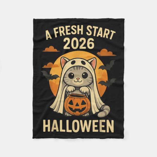 Manta Polar Halloween Cat Ghost Graphic - Fresh Start 2026  (Anverso)