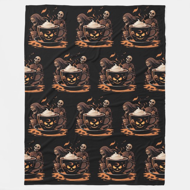 Manta Polar Halloween Coffee Art – Spooky Latte with Skeletons (Anverso)