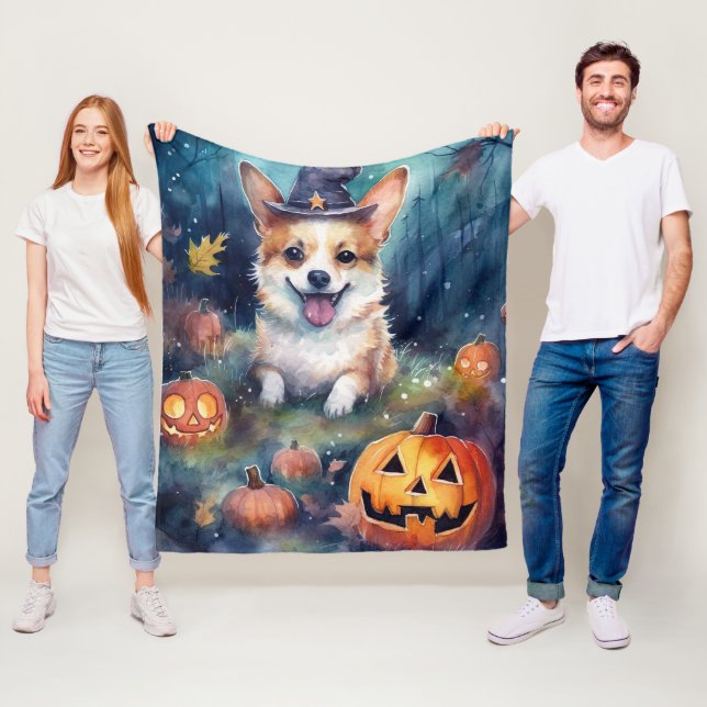 Manta Polar Halloween Corgi con calabazas aterradoras (In situ)