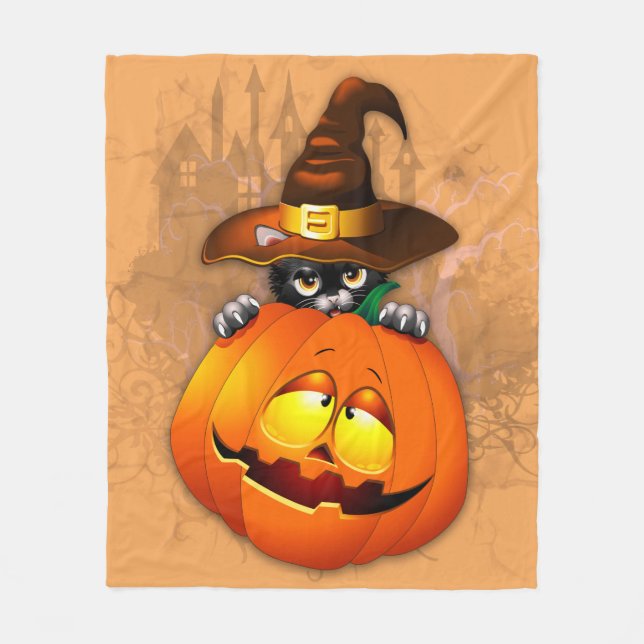 Manta Polar Halloween Curte Kitty Witch and Pumpkin Friend (Anverso)