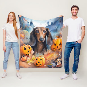 Manta Polar Halloween de Dachshund con calabazas aterradoras