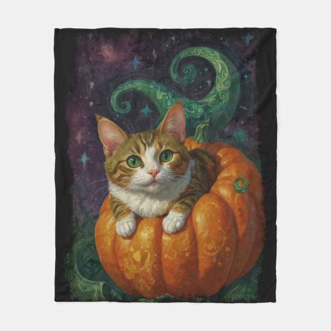 Manta Polar Halloween Ginger & White Kitten montando una calab (Anverso)