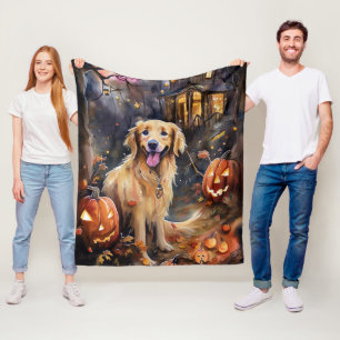 Manta Polar Halloween Golden Retriever con calabazas aterrador