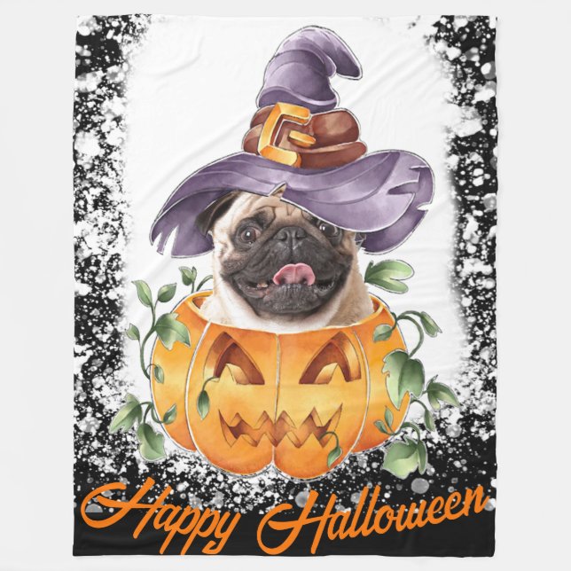 Manta Polar Halloween Pug en Jackolantern Feliz Halloween (Anverso)