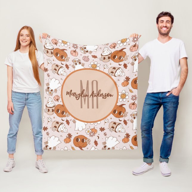 MANTA POLAR HALLOWEEN RETRO GROOVY PUMPKINS Y FANTASMAS (In situ)