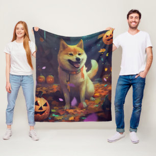Manta Polar Halloween Shiba Inu con calabazas aterradoras