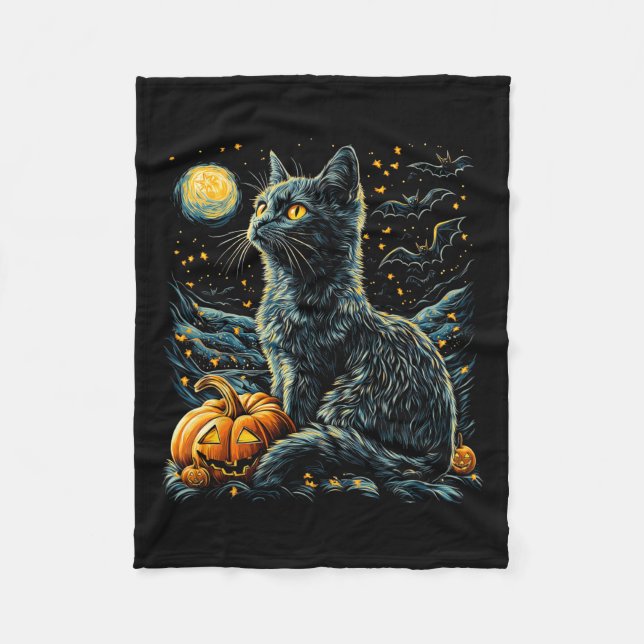 Manta Polar Halloween Van Gogh Starry Night Black Cat Pumpkins (Anverso)