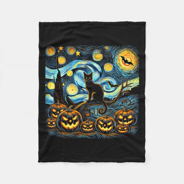 Manta Polar Halloween Van Gogh Starry Night Pumpkin Black Cat  (Anverso)