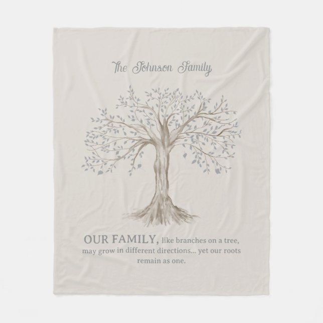 Manta Polar Hand Painted Tree Custom Family Quote Gray Beige (Anverso)