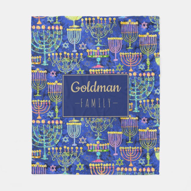 Manta Polar Hanukkah Blue Gold Menorah Estrella de David (Anverso)