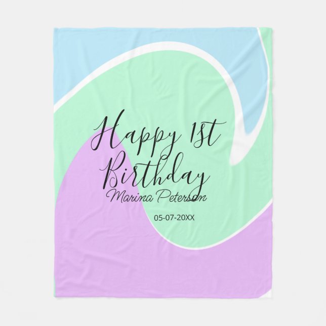 Manta Polar Happy 1st birthday pink green blue acrylic pour  (Anverso)