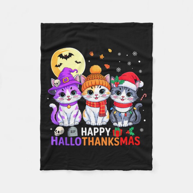 Manta Polar Happy Hallothanksmas Cats Halloween Thanksgiving C (Anverso)