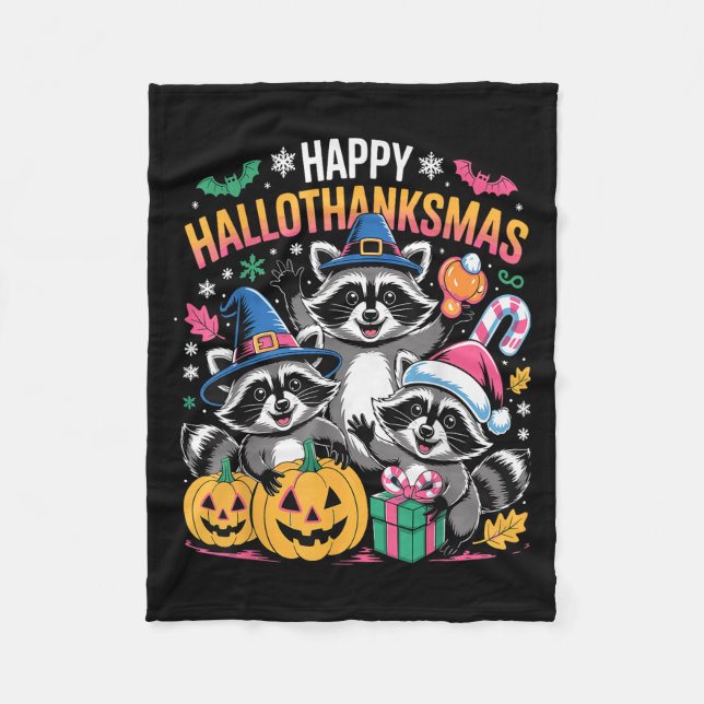 Manta Polar Happy Hallothanksmas Raccoon Halloween Merry Chris (Anverso)
