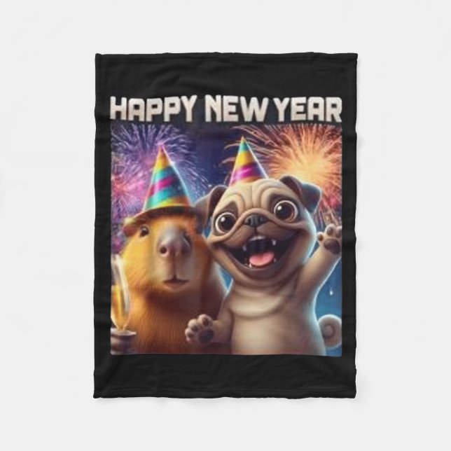 Manta Polar Happy New Year 2026 Capybara Pug Party Art  (Anverso)