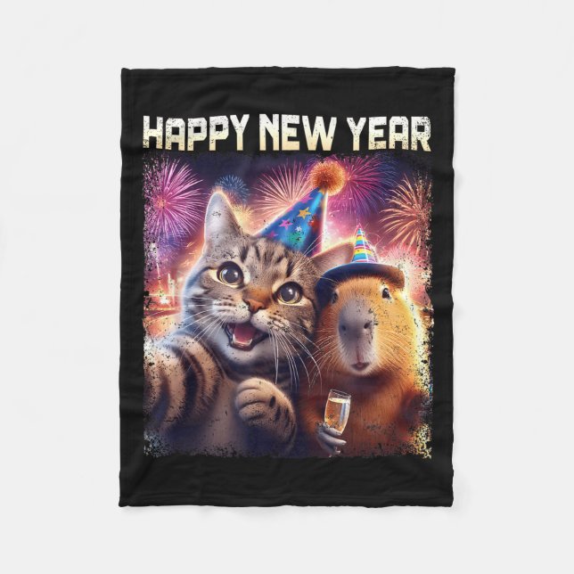Manta Polar Happy New Year 2026 Cute Cat Capybara Party Art  (Anverso)