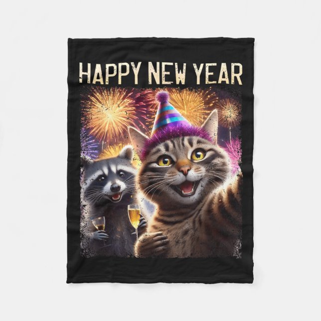 Manta Polar Happy New Year 2026 Cute Cat Raccoon Celebration  (Anverso)
