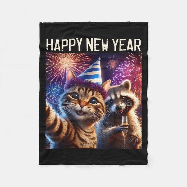 Manta Polar Happy New Year 2026 Cute Cat Raccoon Celebration  (Anverso)