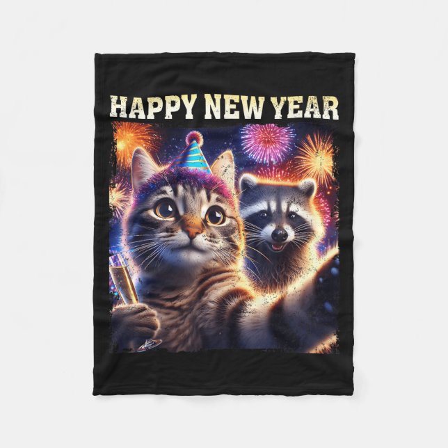 Manta Polar Happy New Year 2026 Cute Cat Raccoon Celebration  (Anverso)