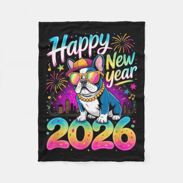 Manta Polar Happy New Year 2026 French Bulldog Fireworks Party (Anverso)