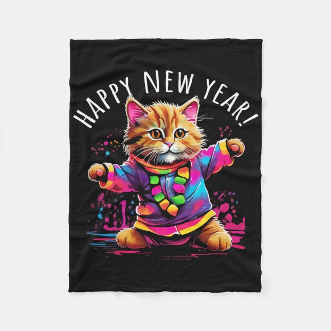 Manta Polar Happy New Year Party Dancing Cat Design  (Anverso)