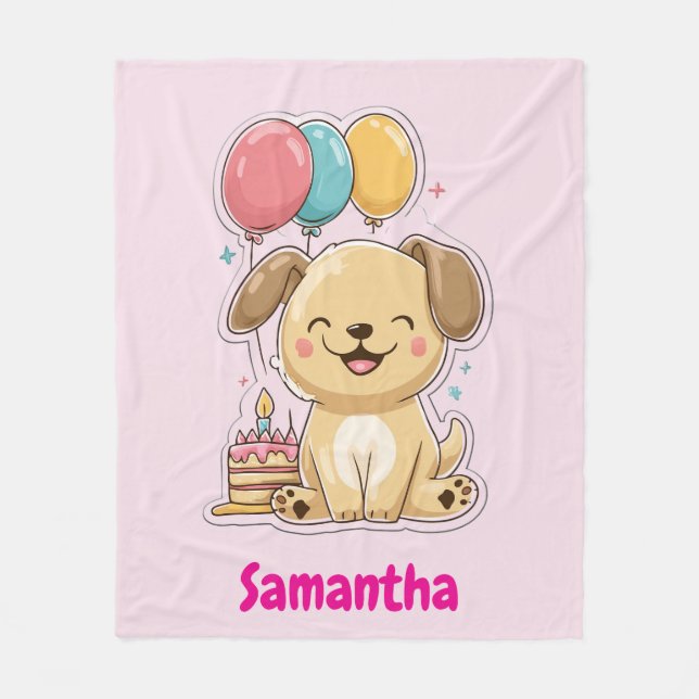 Manta Polar Happy Puppy, Girl, 1st Birthday Gift, Personalized (Anverso)