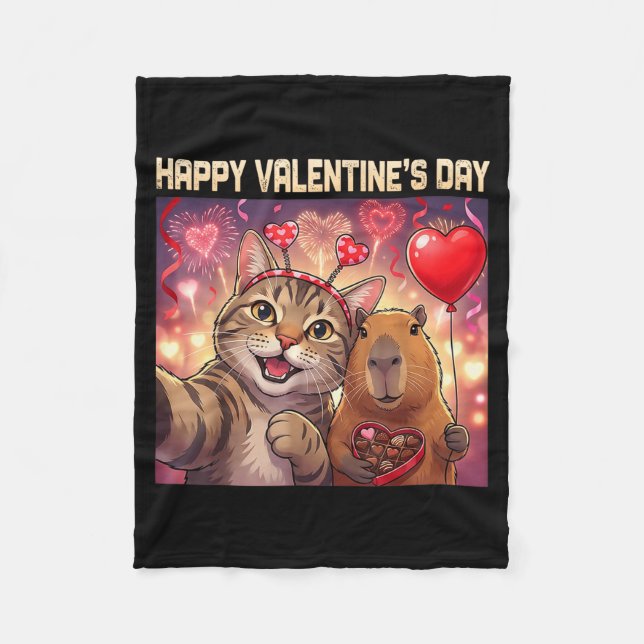 Manta Polar Happy Valentines 2026 Cute Cat Capybara Party Art  (Anverso)