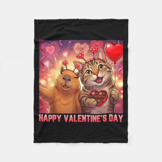 Manta Polar Happy Valentines 2026 Cute Cat Capybara Party Art  (Anverso)