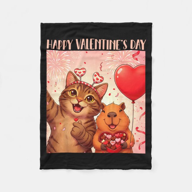 Manta Polar Happy Valentines 2026 Cute Cat Capybara Party Art  (Anverso)
