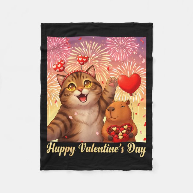 Manta Polar Happy Valentines 2026 Cute Cat Capybara Party Art  (Anverso)