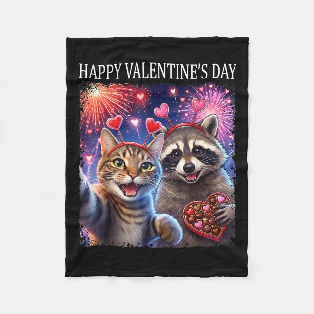 Manta Polar Happy Valentines 2026 Cute Cat Raccoon Party Art  (Anverso)